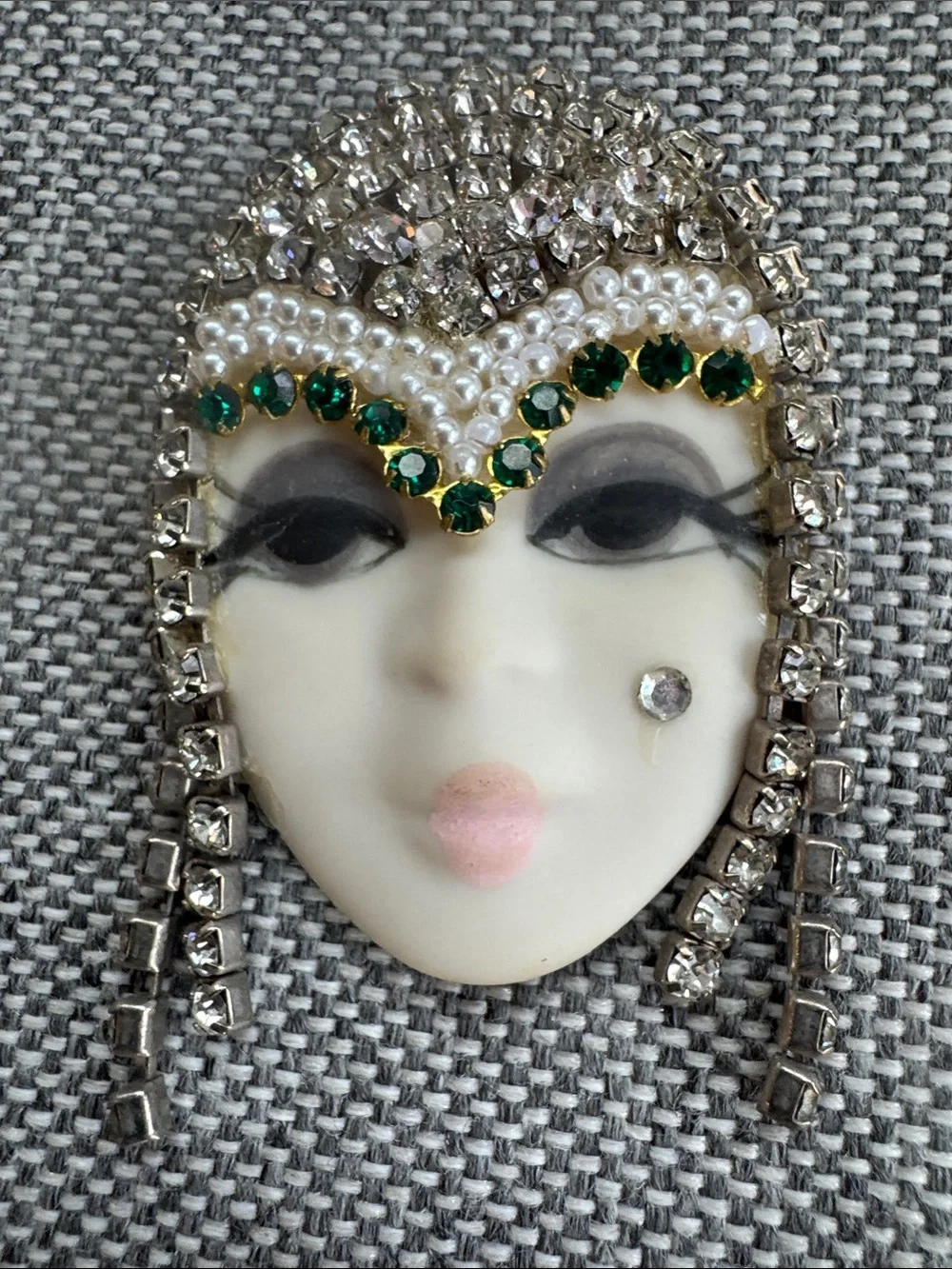 Gabriella Vantage Art Deco Porcelain Flapper Girl Face Rhinestone Brooch Pin
